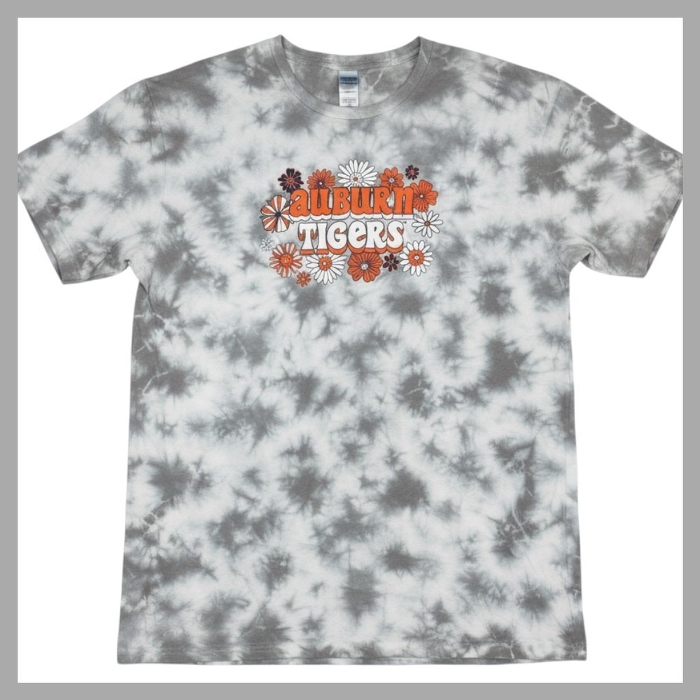 Gildan Auburn Tigers Tie Dye Floral Graphic T-Shirt Grey White Orange Mens Large